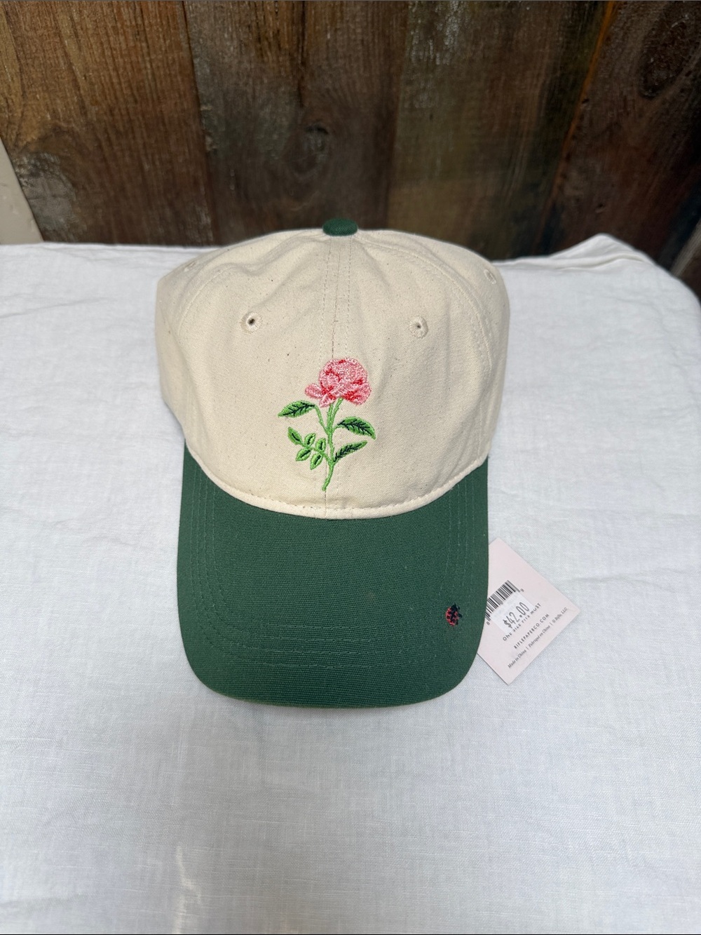 NWT Rifle Paper Co. Embroidered Pink Rose Cap - Cream & Forest Green